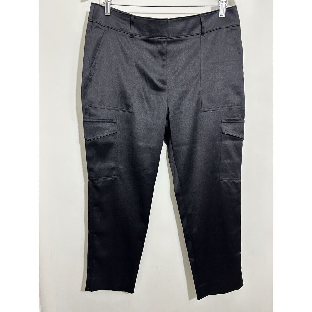Chico's Black Satin Cargo Pants with Multi Pockets Modern Utility Style Trousers